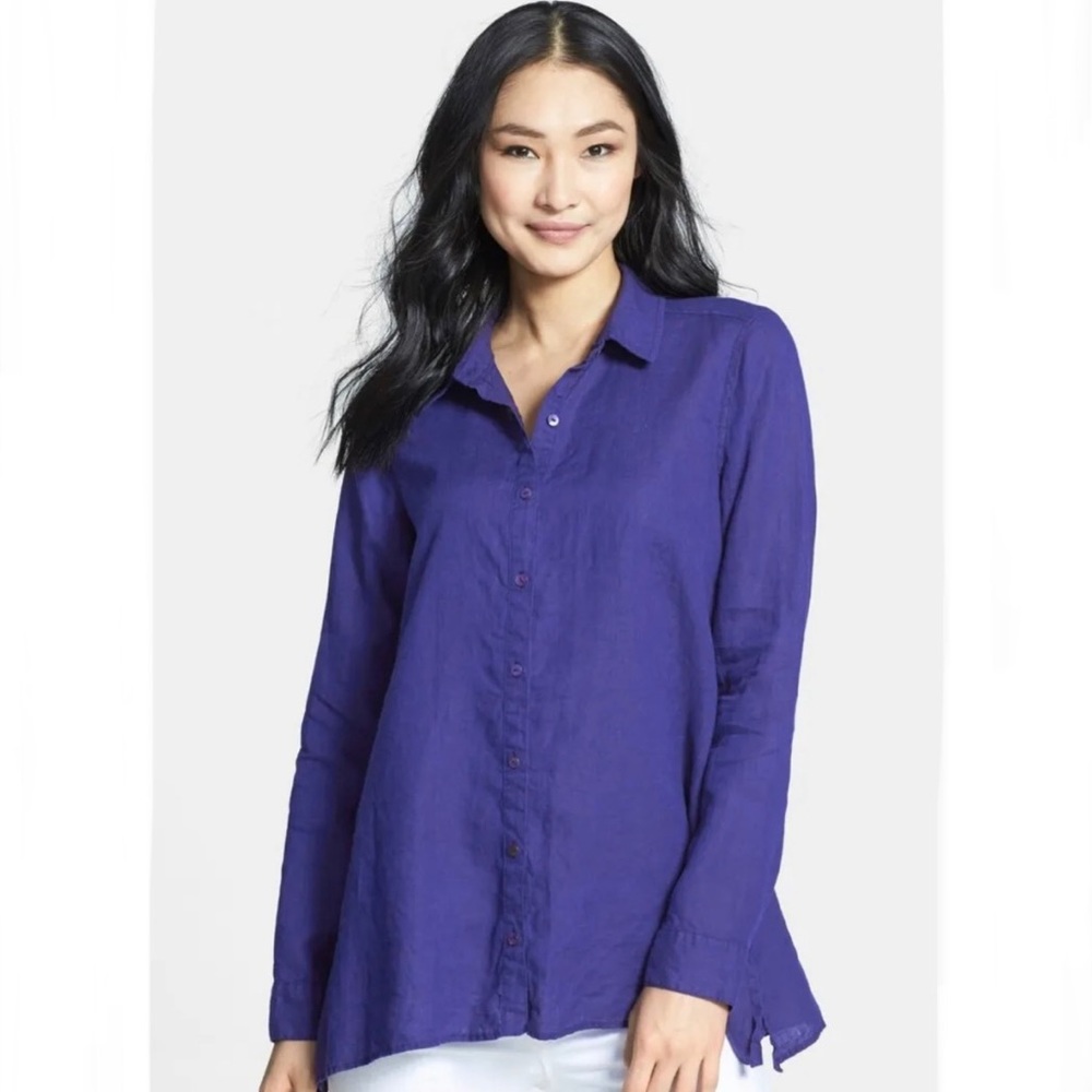 Eileen Fisher Organic Linen Delave Mandarin Collar Shirt